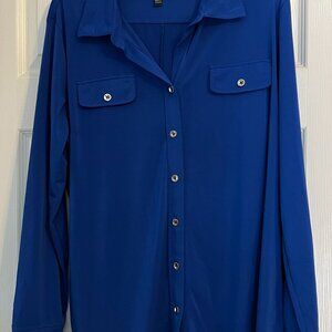 Womens's Kasper Long Sleeve Button Down Blouse, Size XL, Royal Blue